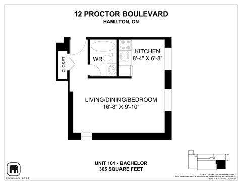 A floor plan for a 365 square foot unit at 12 Proctor Boulevard in Hamilton, ON.